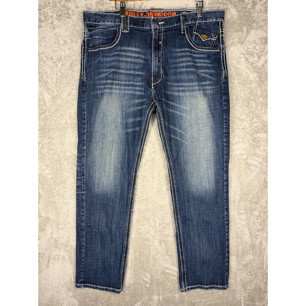 Harley Davidson Jeans Mens 38x32 Blue Embroidered Contrast Stitching Straight